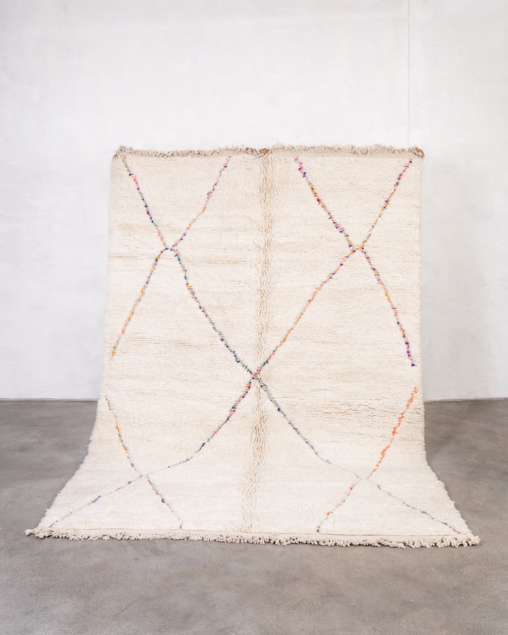 Modern designer handcrafted Berber rug from morocco Beniourain with beautiful colors and patterns and fluffy wool texture