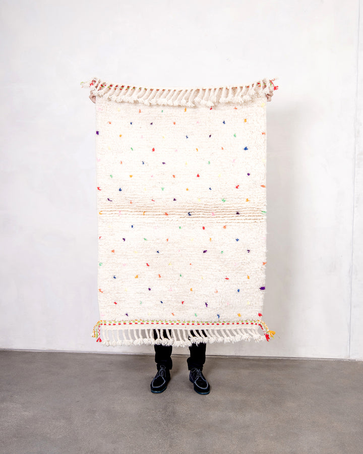 Modern, designer, handcrafted Berber rug from Morocco. Beniourain carpet with beautiful colours and patterns and fluffy wool texture. 