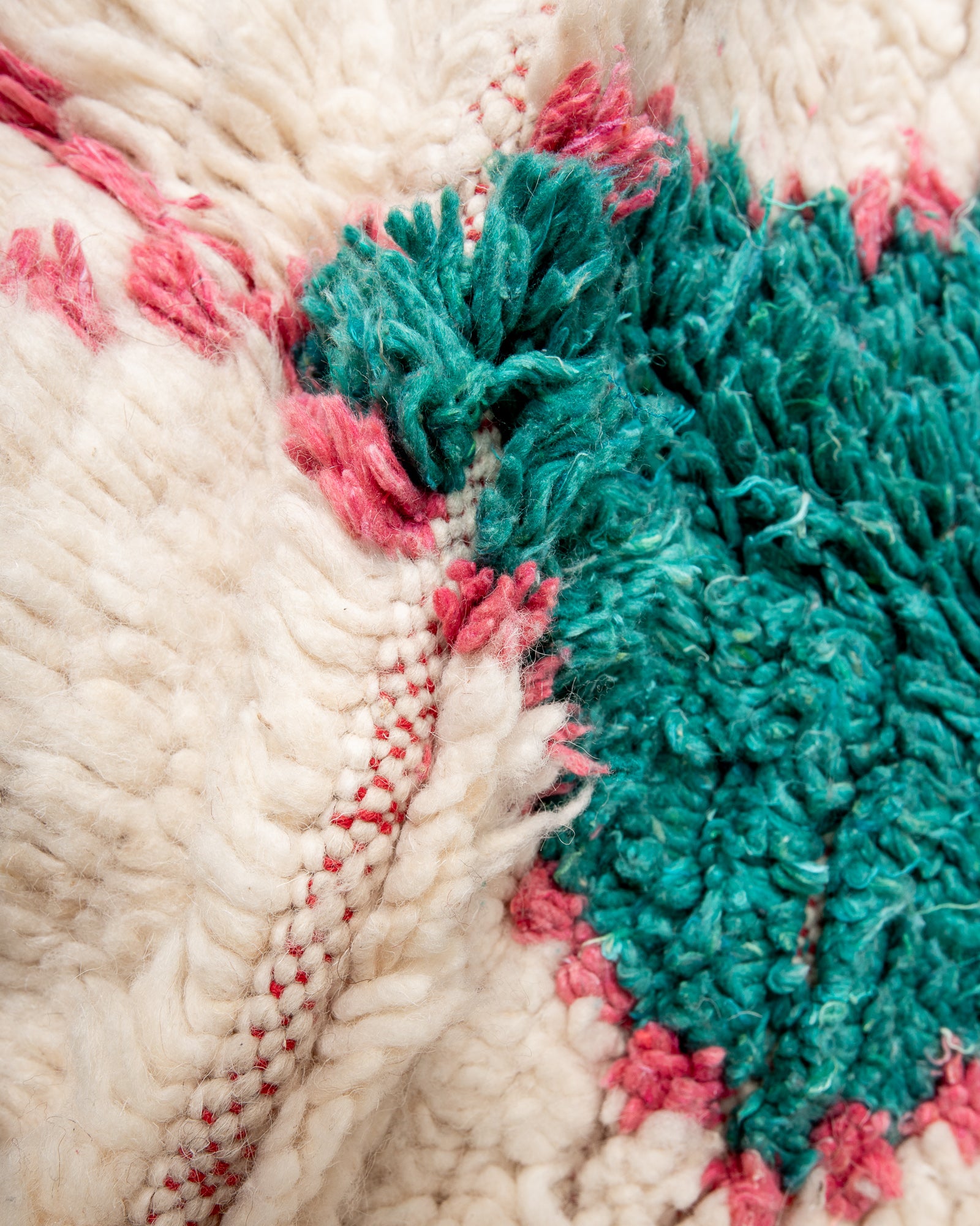 Modern, designer, handcrafted Berber rug from Morocco. Vintage carpet with beautiful colours and patterns and fluffy texture.