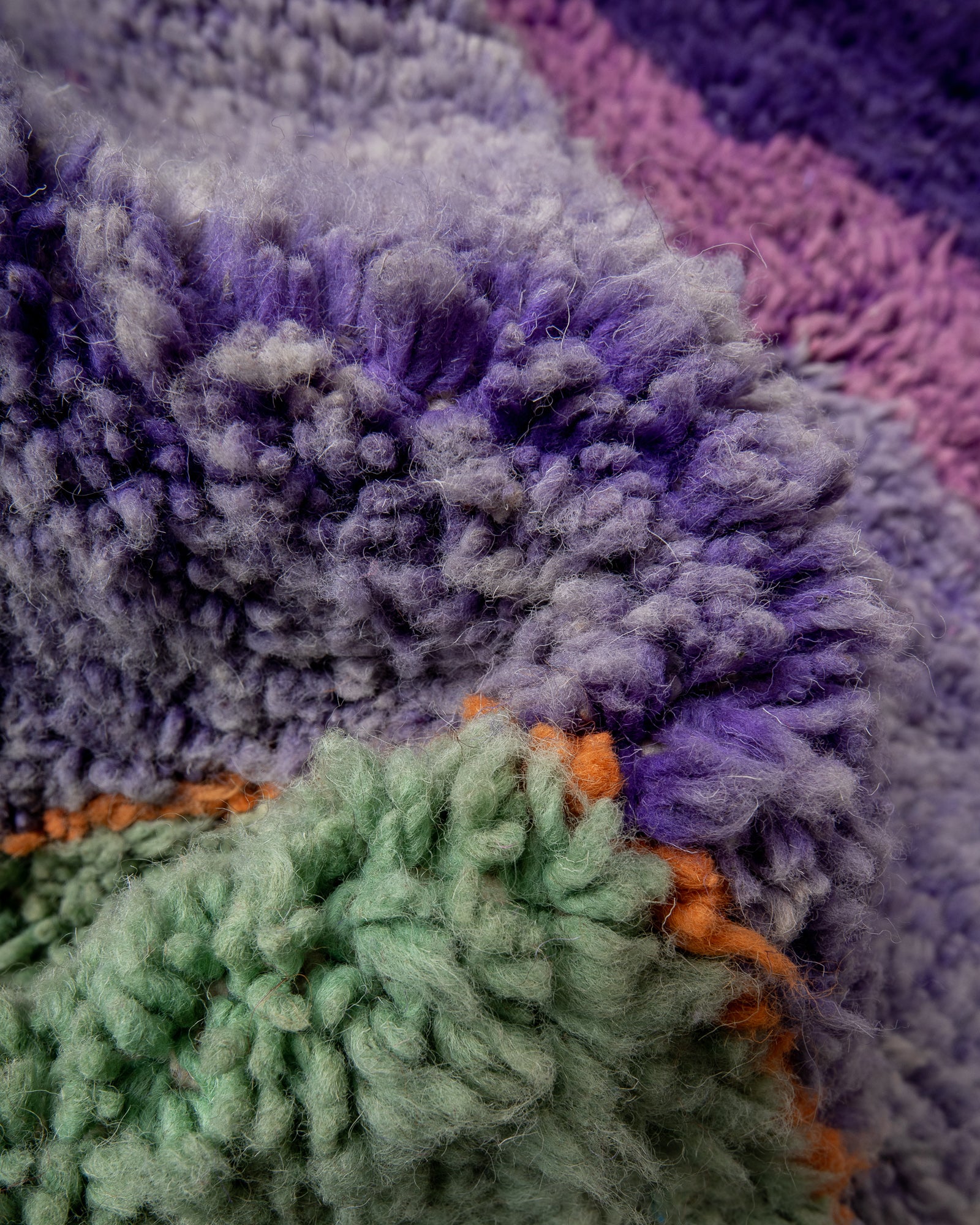 Modern, designer, handcrafted Berber rug from Morocco. Vintage carpet with beautiful colours and patterns and fluffy texture.