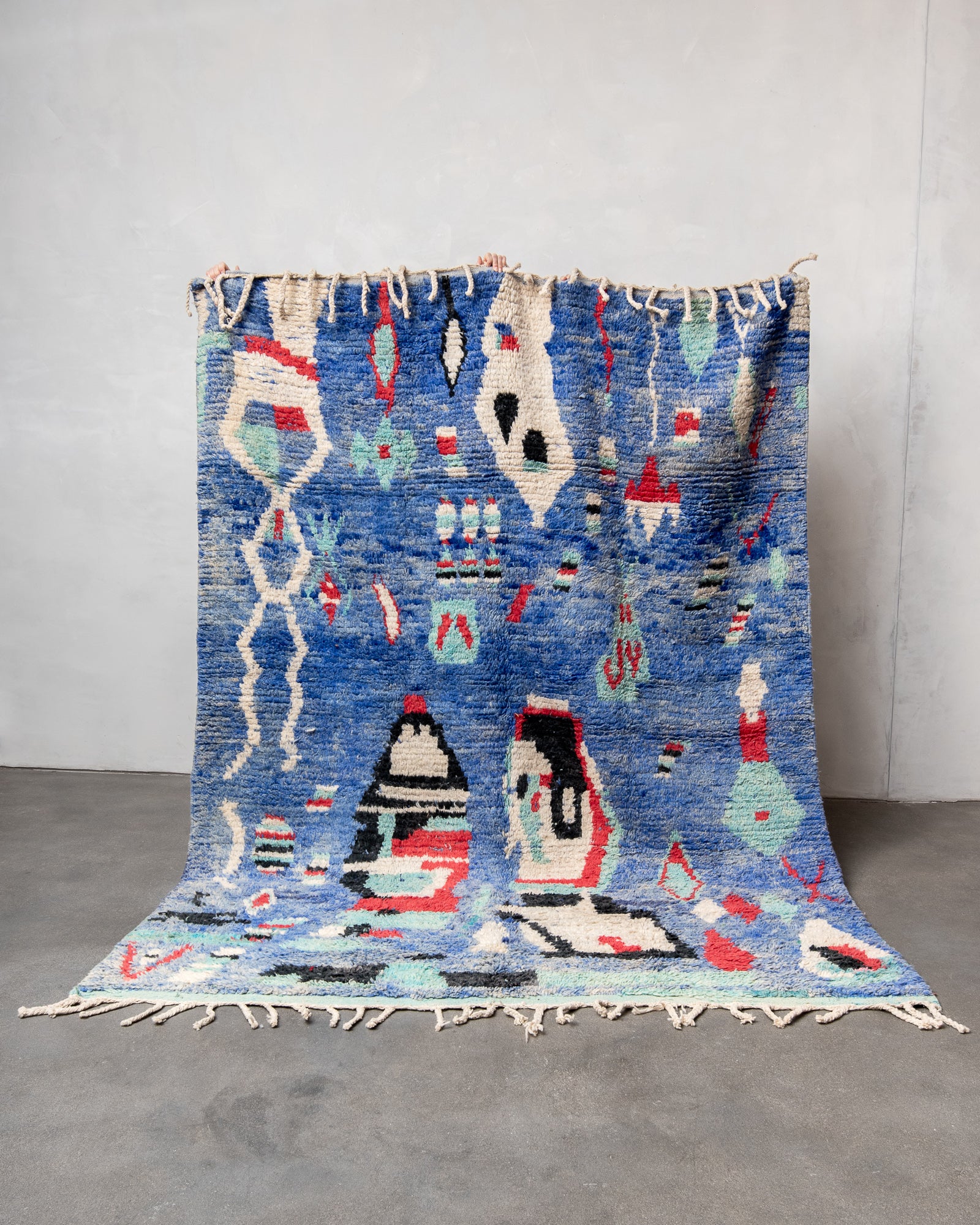 Modern, designer, handcrafted Berber rug from Morocco. Vintage carpet with beautiful colours and patterns and fluffy texture.