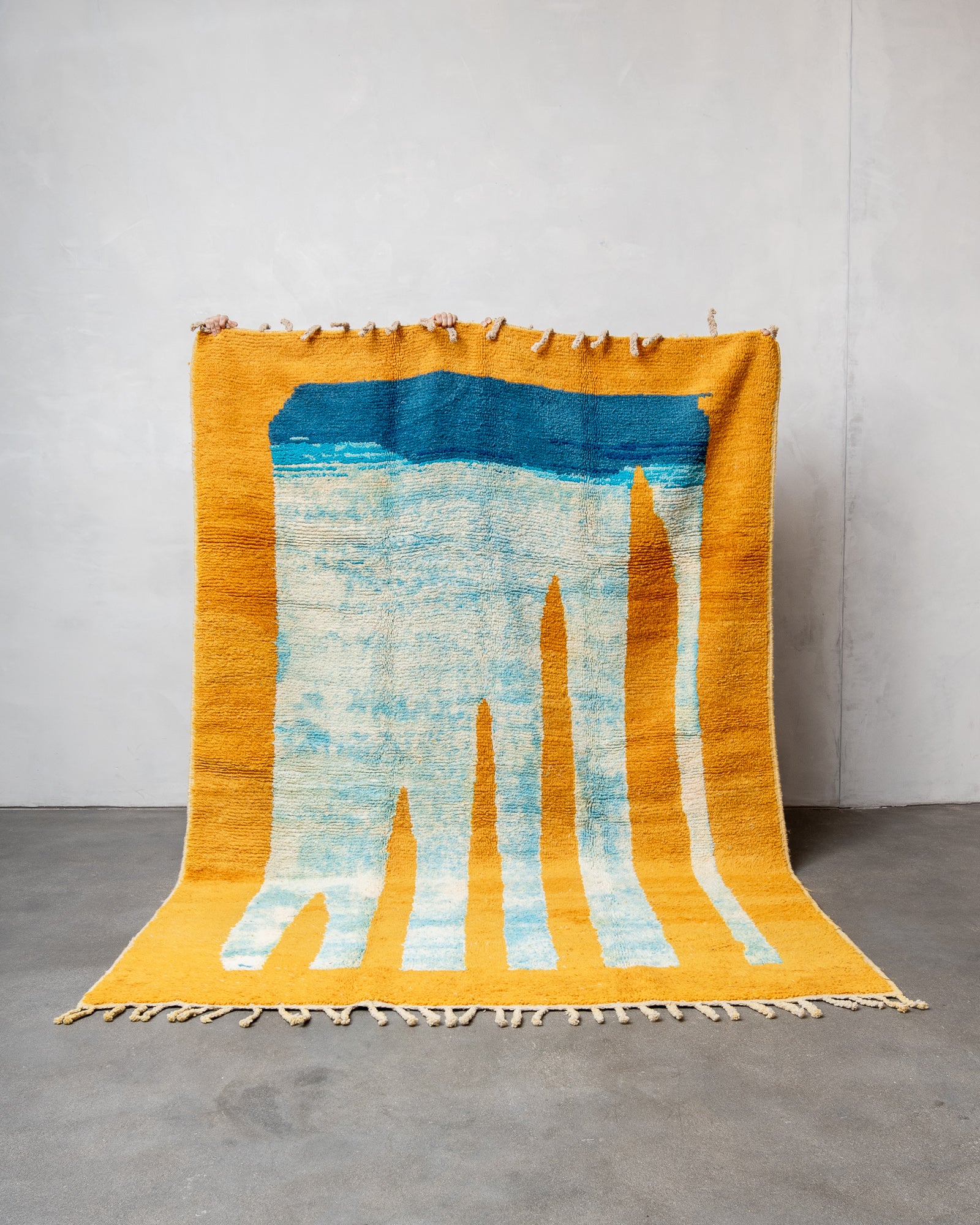 Modern, designer, handcrafted Berber rug from Morocco. Vintage carpet with beautiful colours and patterns and fluffy texture.