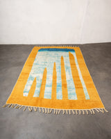 Modern, designer, handcrafted Berber rug from Morocco. Vintage carpet with beautiful colours and patterns and fluffy texture.
