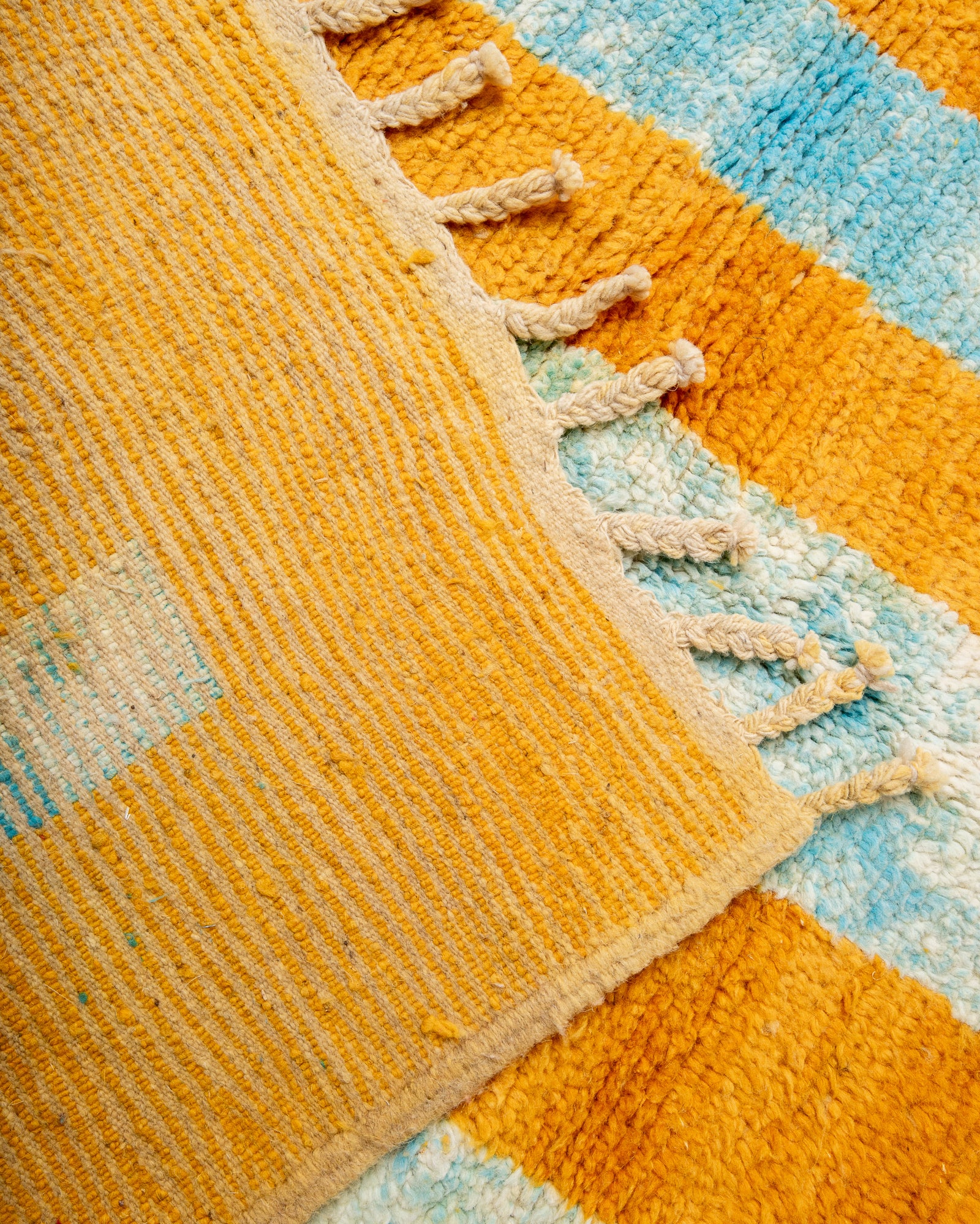 Modern, designer, handcrafted Berber rug from Morocco. Vintage carpet with beautiful colours and patterns and fluffy texture.