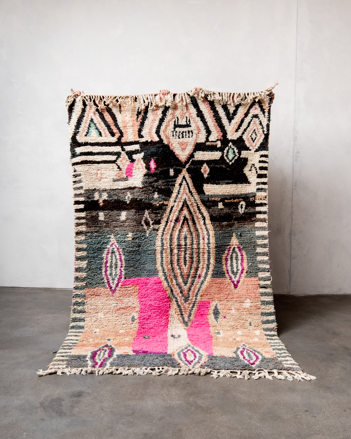 Modern, designer, handcrafted Berber rug from Morocco. Vintage carpet with beautiful colours and patterns and fluffy texture.