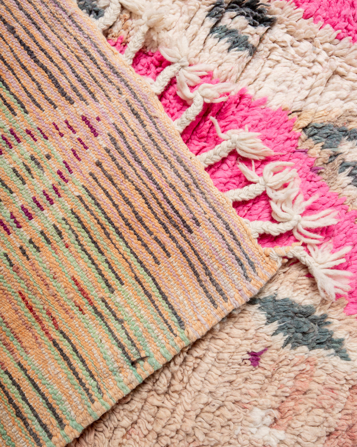 Modern, designer, handcrafted Berber rug from Morocco. Vintage carpet with beautiful colours and patterns and fluffy texture.