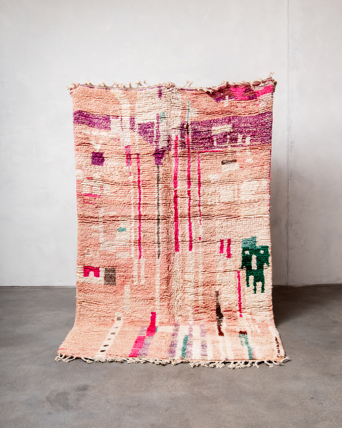 Modern, designer, handcrafted Berber rug from Morocco. Vintage carpet with beautiful colours and patterns and fluffy texture.