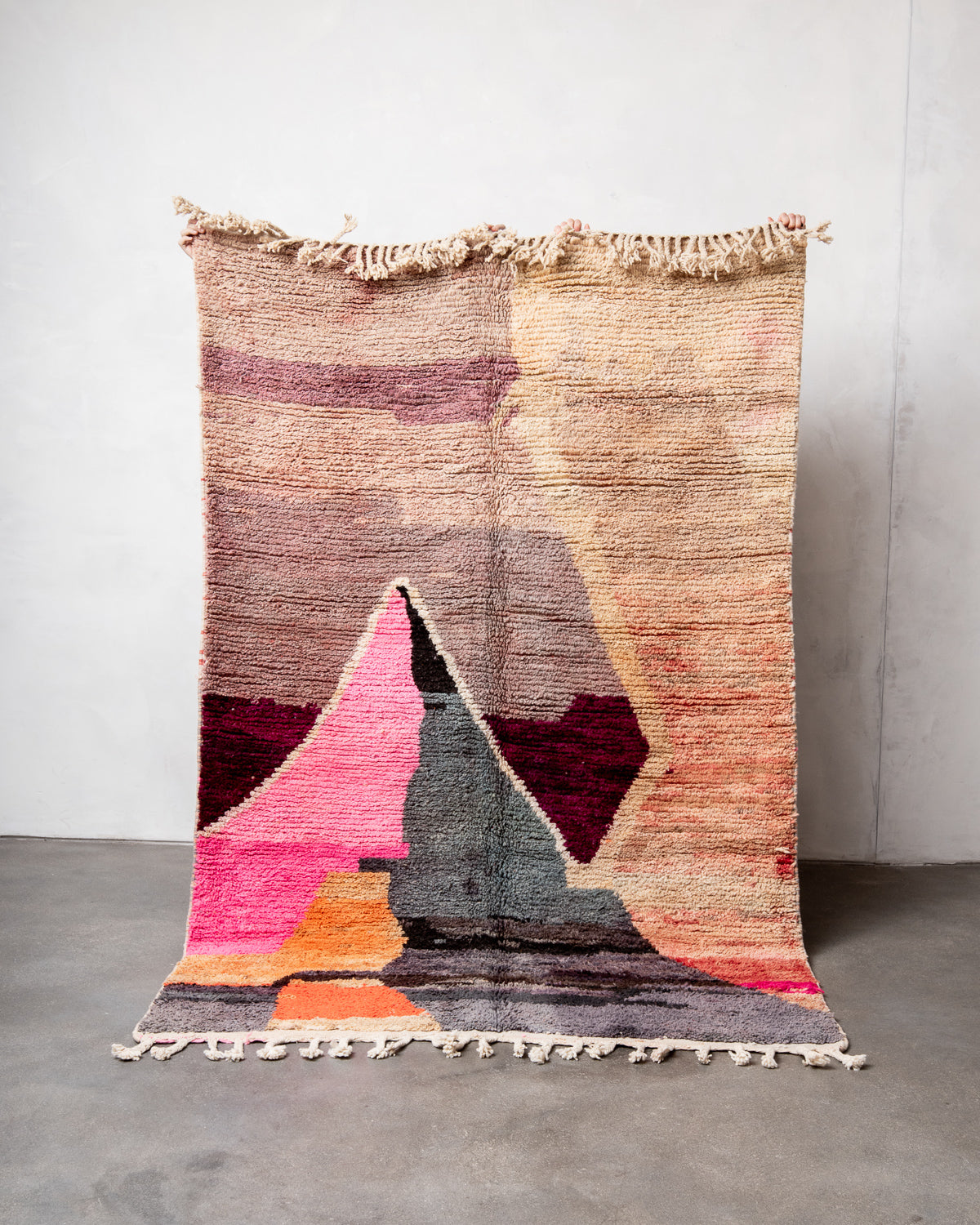 Modern, designer, handcrafted Berber rug from Morocco. Vintage carpet with beautiful colours and patterns and fluffy texture.