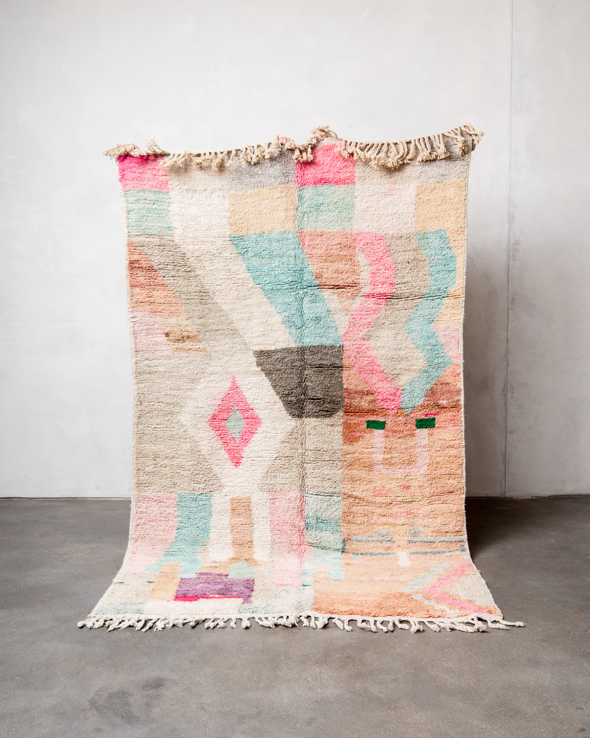 Modern, designer, handcrafted Berber rug from Morocco. Vintage carpet with beautiful colours and patterns and fluffy texture.