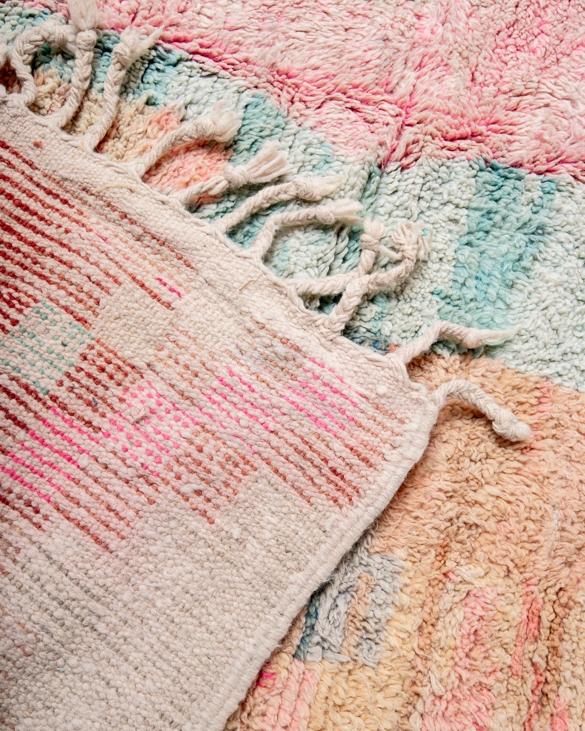 Modern, designer, handcrafted Berber rug from Morocco. Vintage carpet with beautiful colours and patterns and fluffy texture.