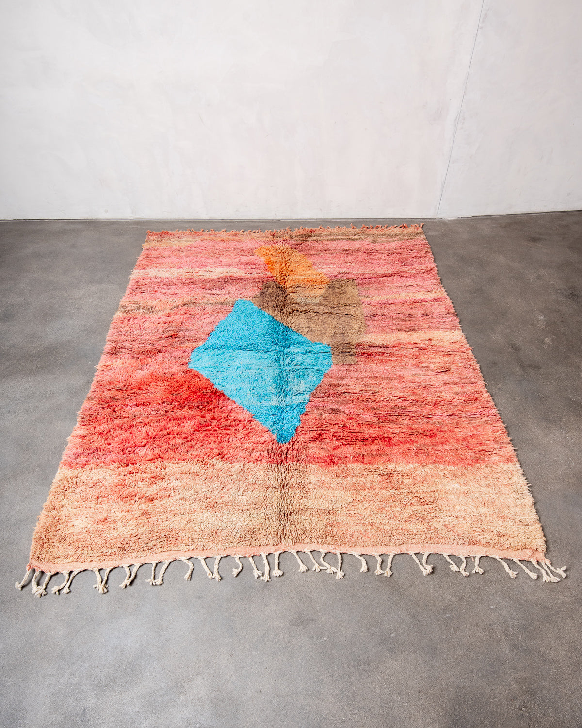 Modern, designer, handcrafted Berber rug from Morocco. Vintage carpet with beautiful colours and patterns and fluffy texture.