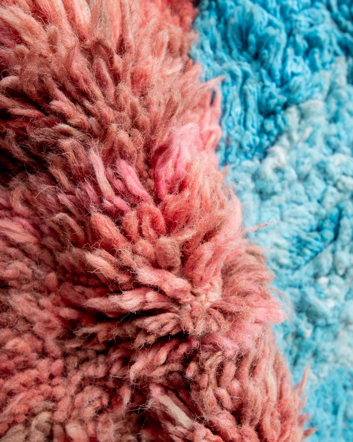 Modern, designer, handcrafted Berber rug from Morocco. Vintage carpet with beautiful colours and patterns and fluffy texture.