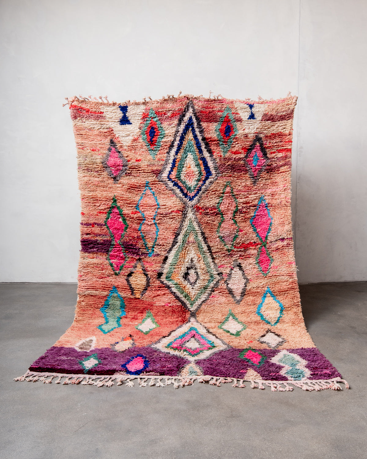 Modern, designer, handcrafted Berber rug from Morocco. Vintage carpet with beautiful colours and patterns and fluffy texture.