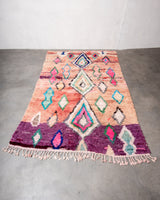 Modern, designer, handcrafted Berber rug from Morocco. Vintage carpet with beautiful colours and patterns and fluffy texture.