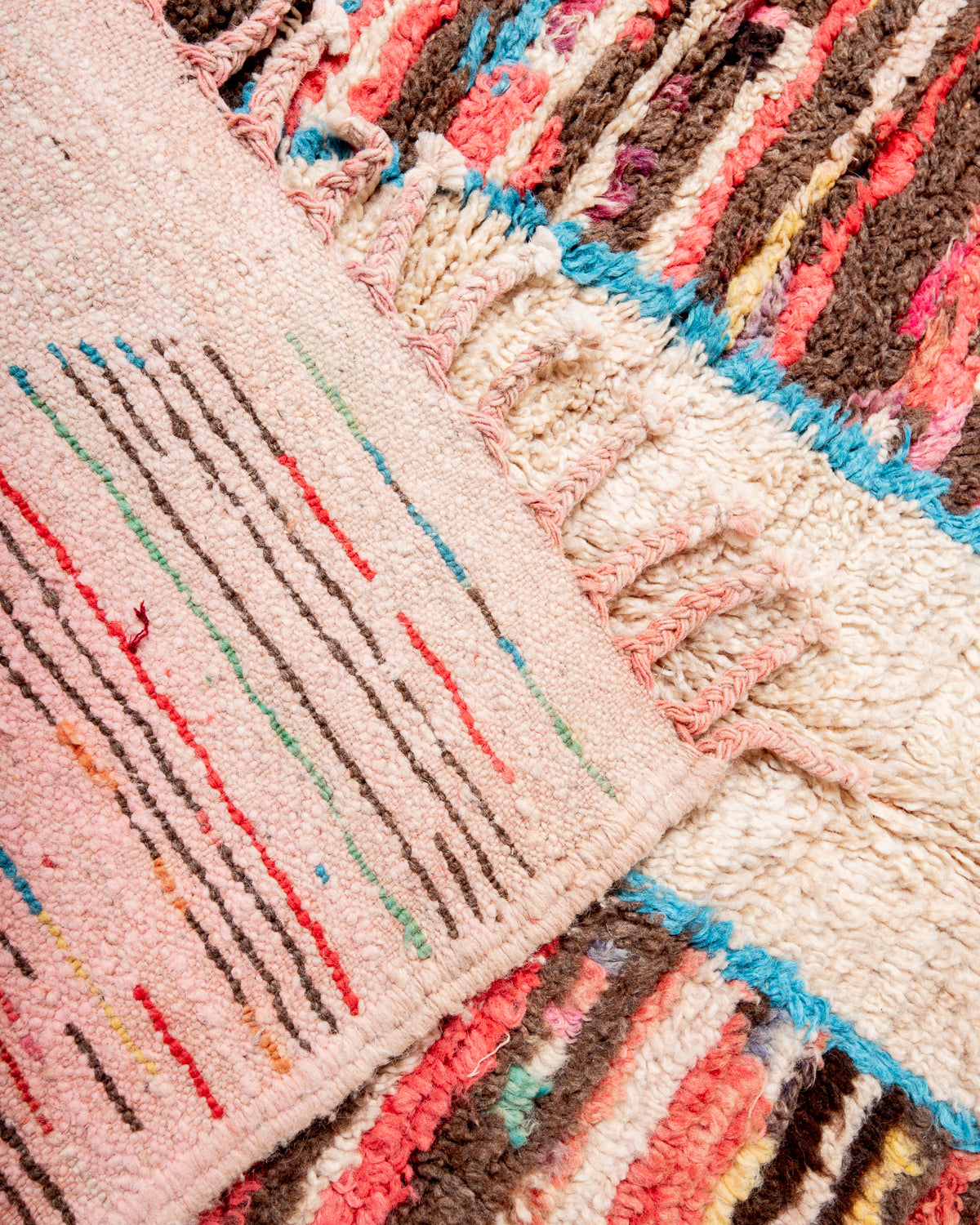 Modern, designer, handcrafted Berber rug from Morocco. Vintage carpet with beautiful colours and patterns and fluffy texture.