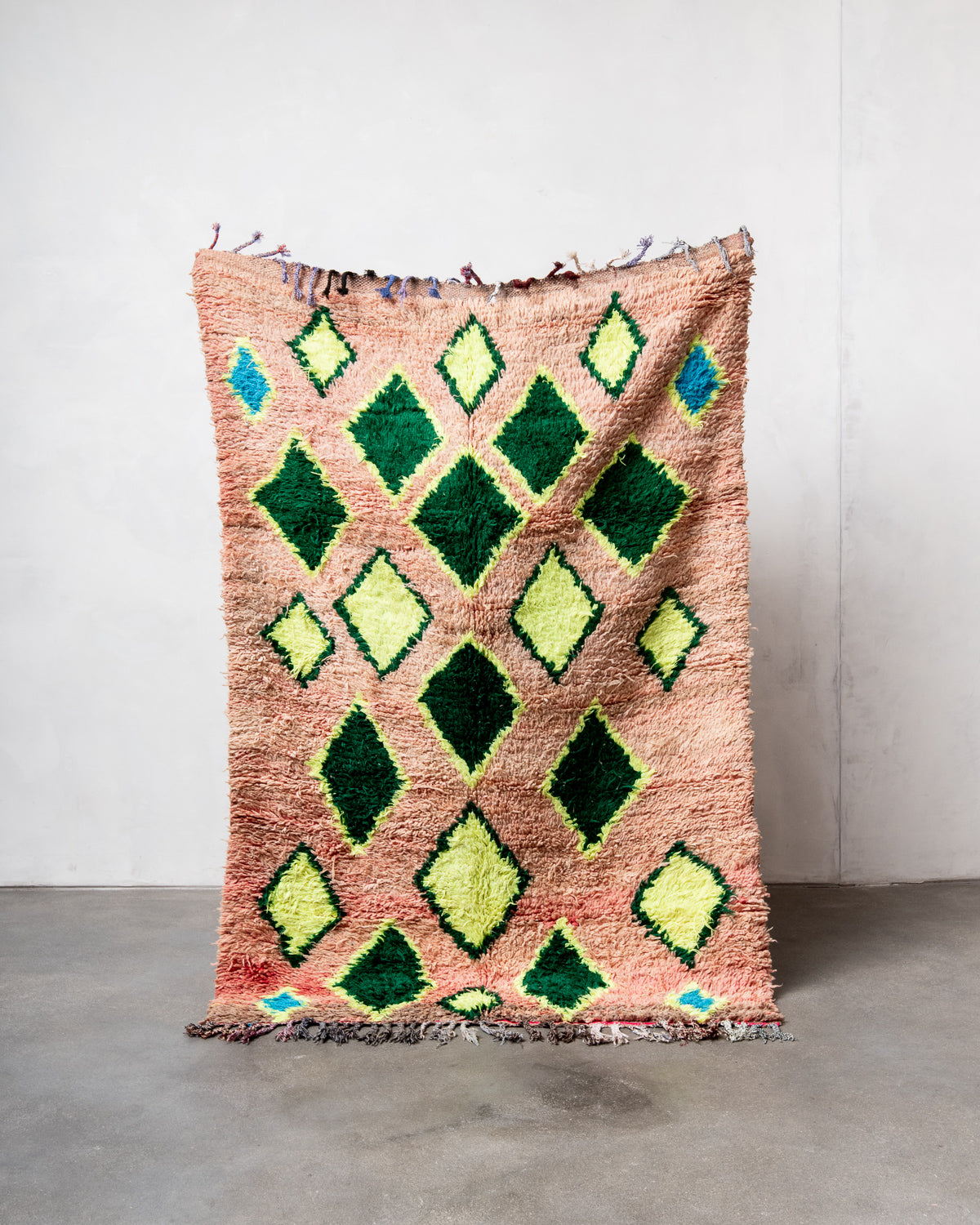 Modern, designer, handcrafted Berber rug from Morocco. Vintage carpet with beautiful colours and patterns and fluffy texture.