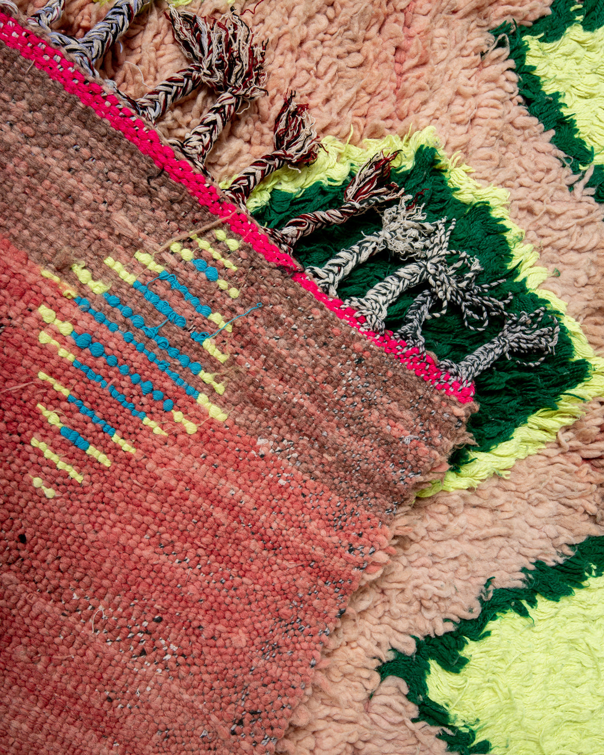 Modern, designer, handcrafted Berber rug from Morocco. Vintage carpet with beautiful colours and patterns and fluffy texture.