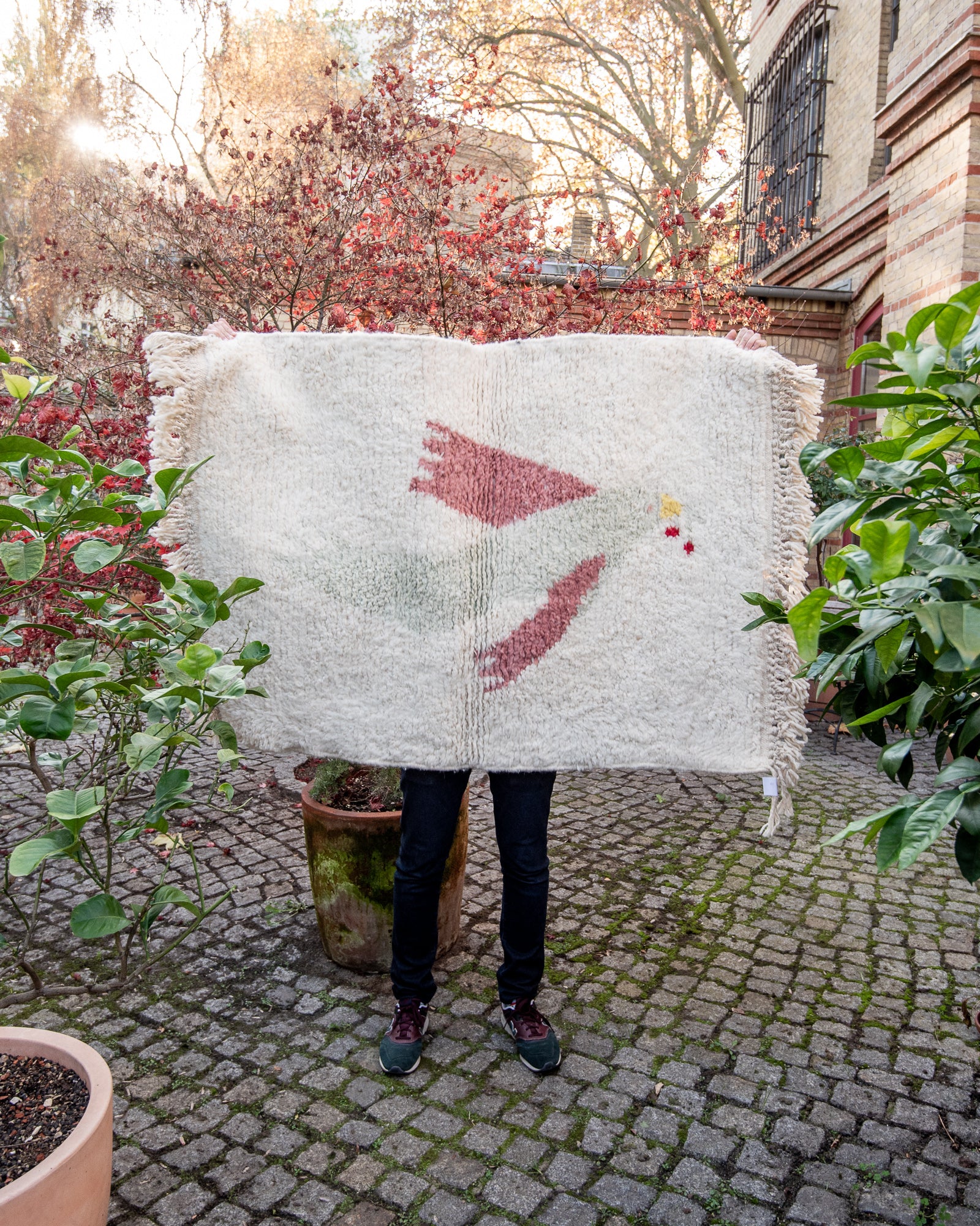 Modern, designer, handcrafted Berber rug from Morocco. Beniourain carpet with beautiful colours and patterns and fluffy wool texture. 