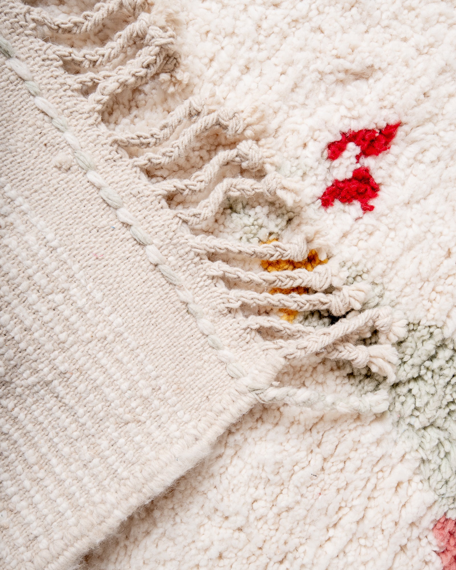 Modern, designer, handcrafted Berber rug from Morocco. Beniourain carpet with beautiful colours and patterns and fluffy wool texture. 