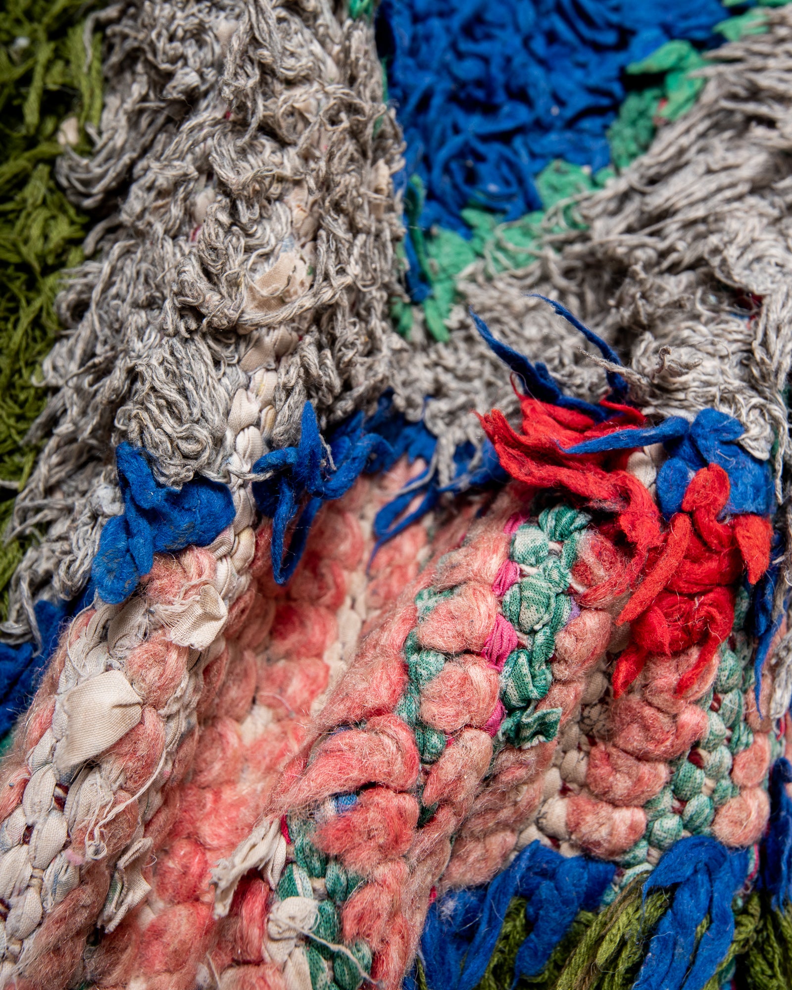 Modern designer vintage handcrafted cotton Berber rug from Morocco. Boucherouite with beautiful colors and patterns.