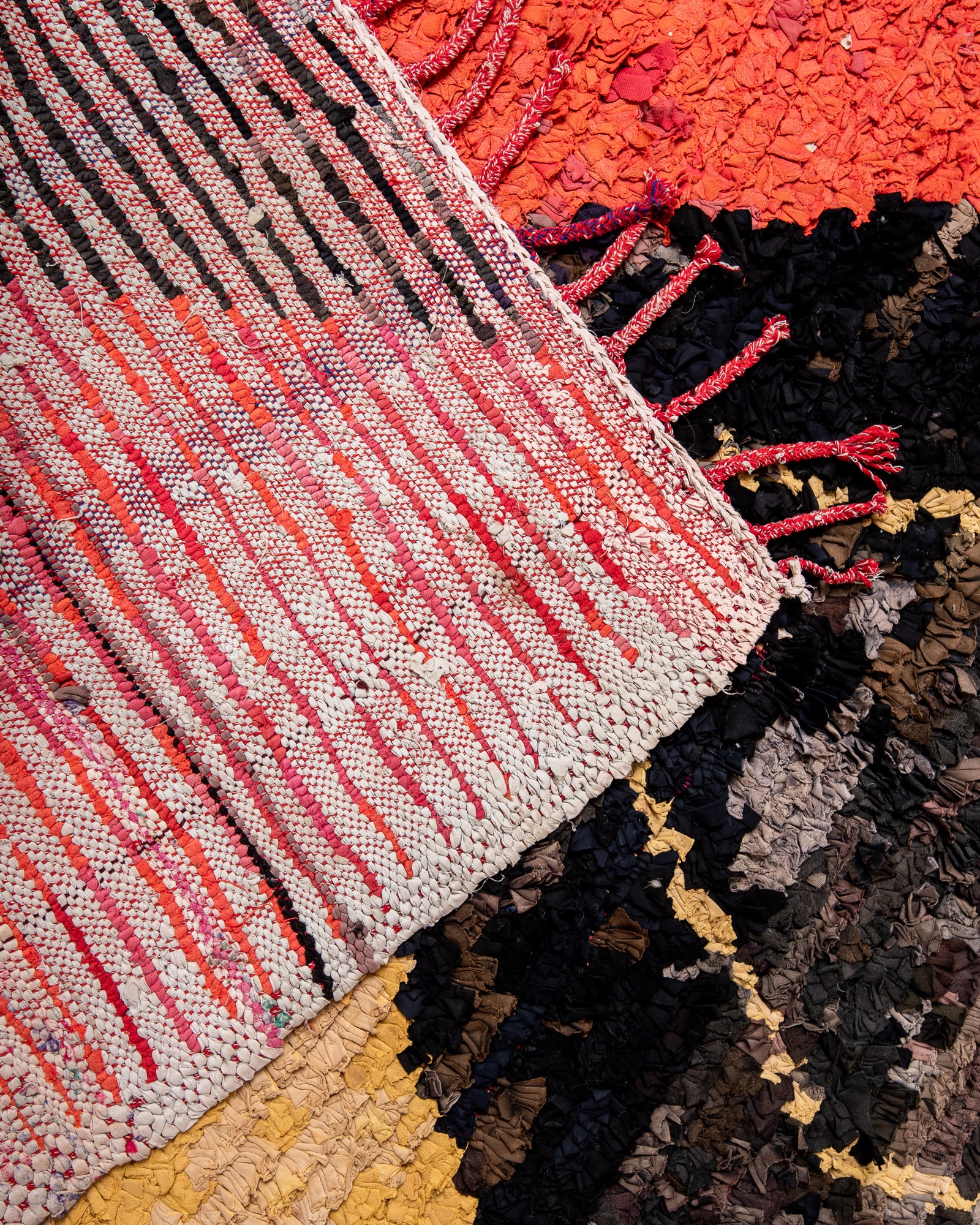 Modern designer vintage handcrafted cotton Berber rug from Morocco. Boucherouite with beautiful colors and patterns.