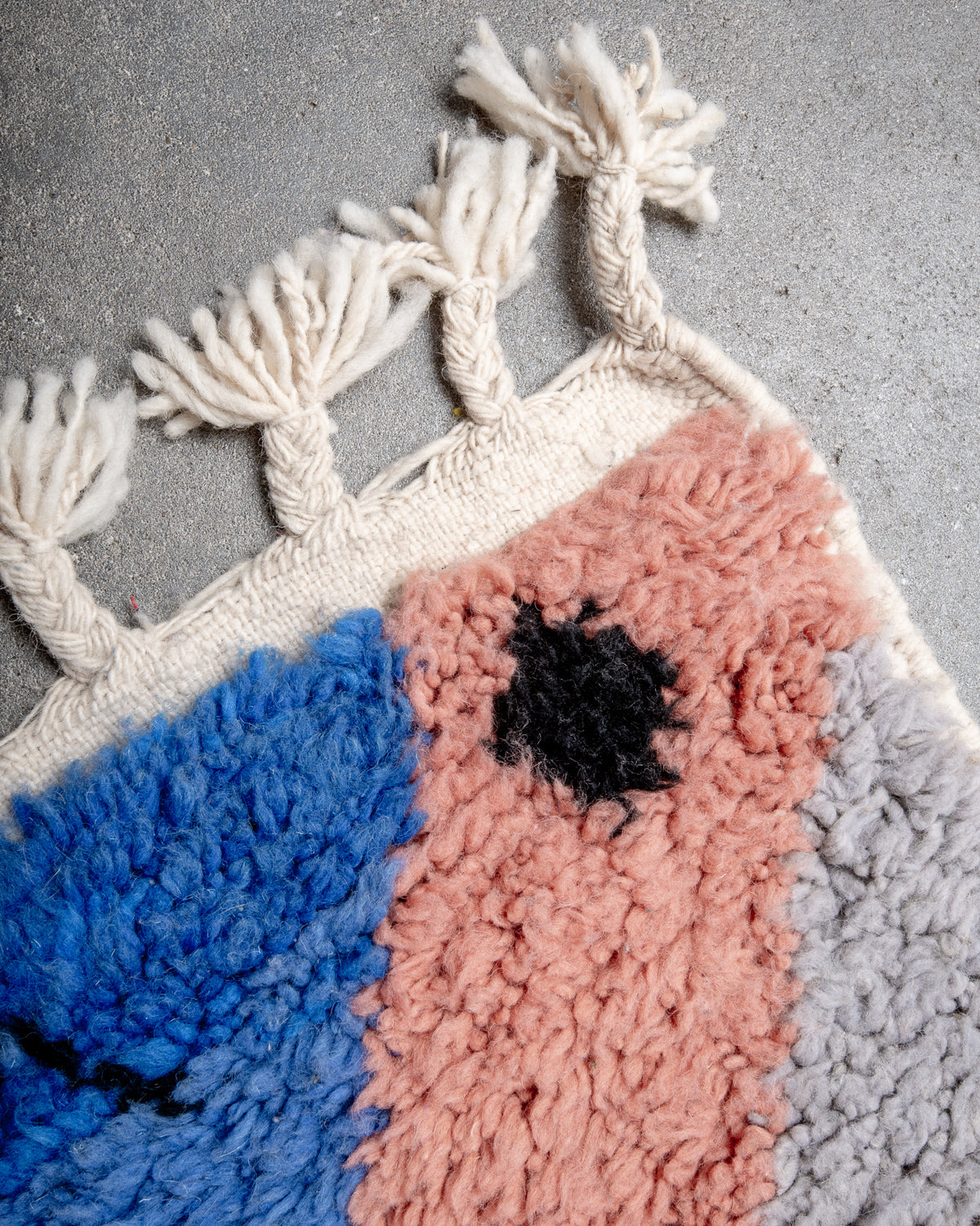 Modern, designer, handcrafted Berber rug from Morocco. Beniourain carpet with beautiful colours and patterns and fluffy wool texture. 