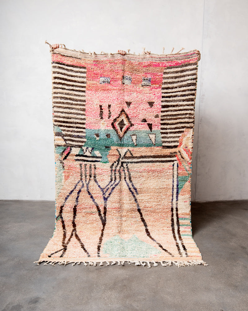 Modern, designer, handcrafted Berber rug from Morocco. Vintage carpet with beautiful colours and patterns and fluffy texture.