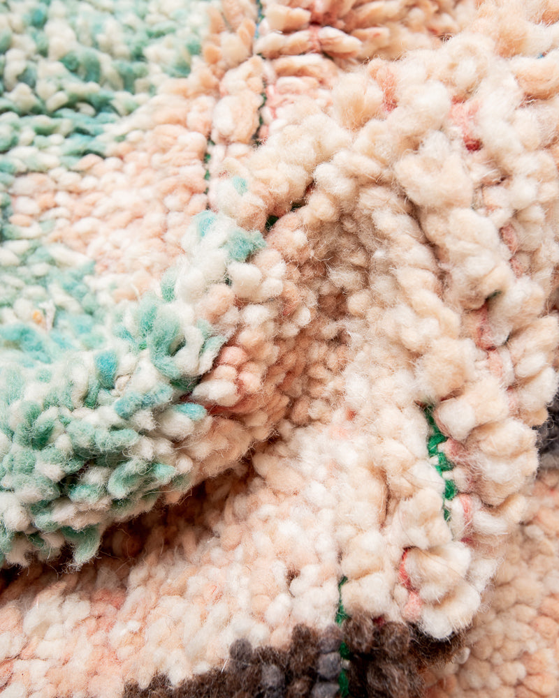 Modern, designer, handcrafted Berber rug from Morocco. Vintage carpet with beautiful colours and patterns and fluffy texture.