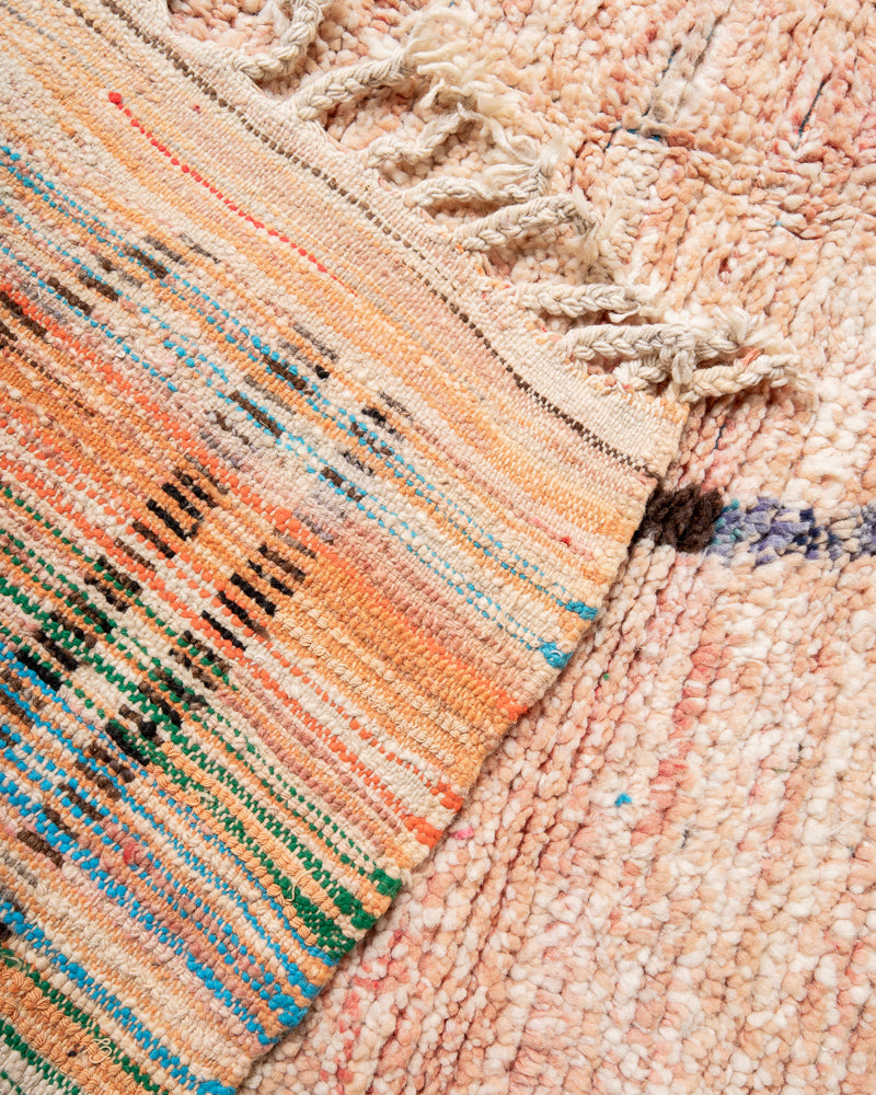 Modern, designer, handcrafted Berber rug from Morocco. Vintage carpet with beautiful colours and patterns and fluffy texture.