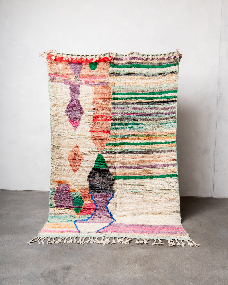 Modern, designer, handcrafted Berber rug from Morocco. Vintage carpet with beautiful colours and patterns and fluffy texture.