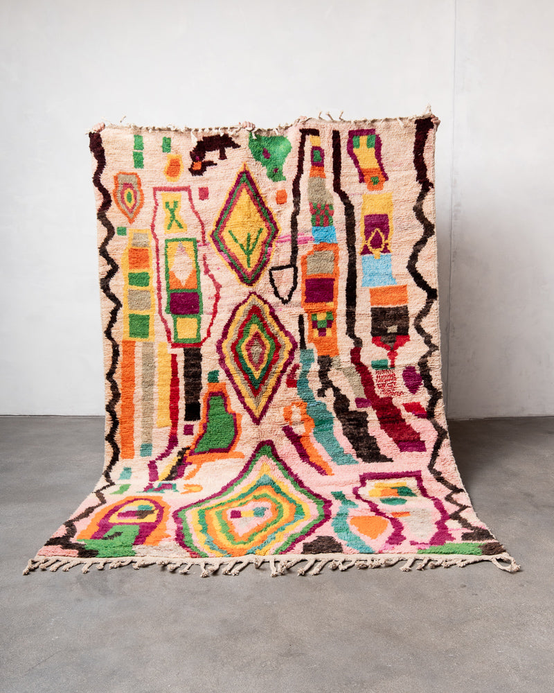 Modern, designer, handcrafted Berber rug from Morocco. Vintage carpet with beautiful colours and patterns and fluffy texture.