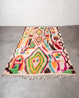 Modern, designer, handcrafted Berber rug from Morocco. Vintage carpet with beautiful colours and patterns and fluffy texture.