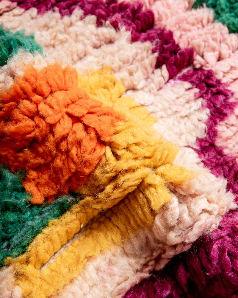 Modern, designer, handcrafted Berber rug from Morocco. Vintage carpet with beautiful colours and patterns and fluffy texture.