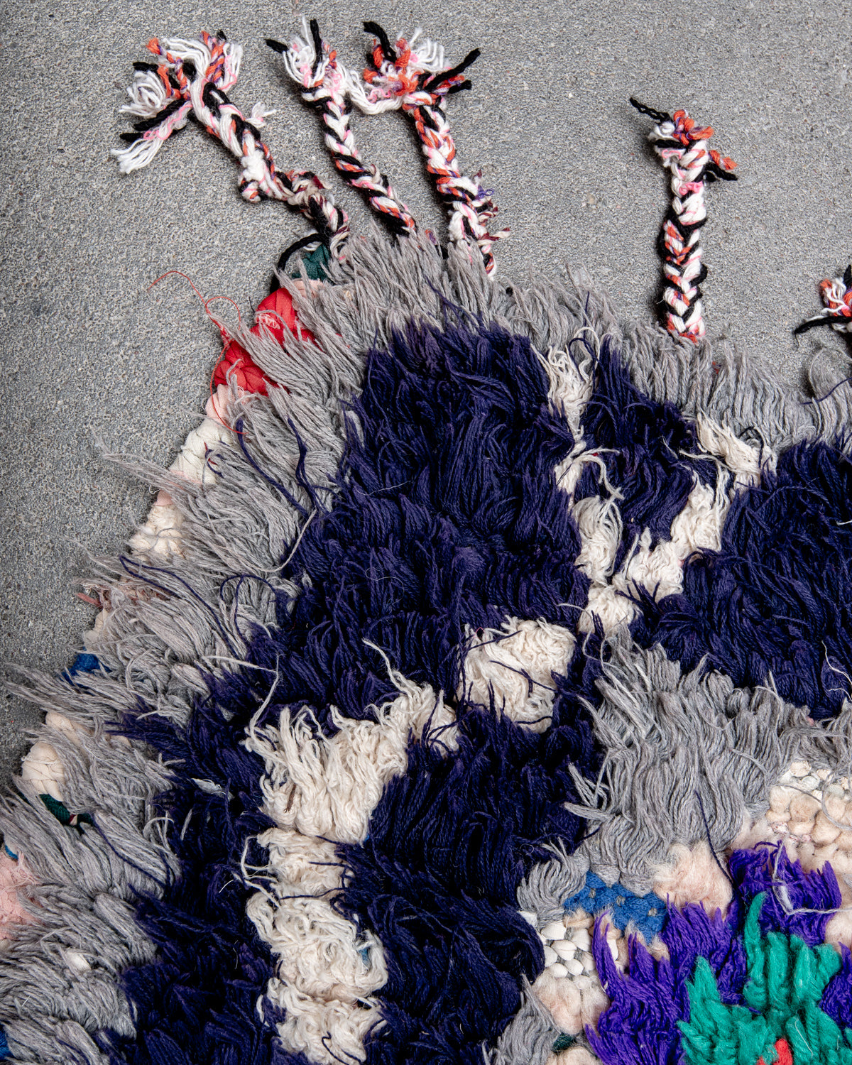 Modern designer vintage handcrafted cotton Berber rug from Morocco. Boucherouite with beautiful colors and patterns.