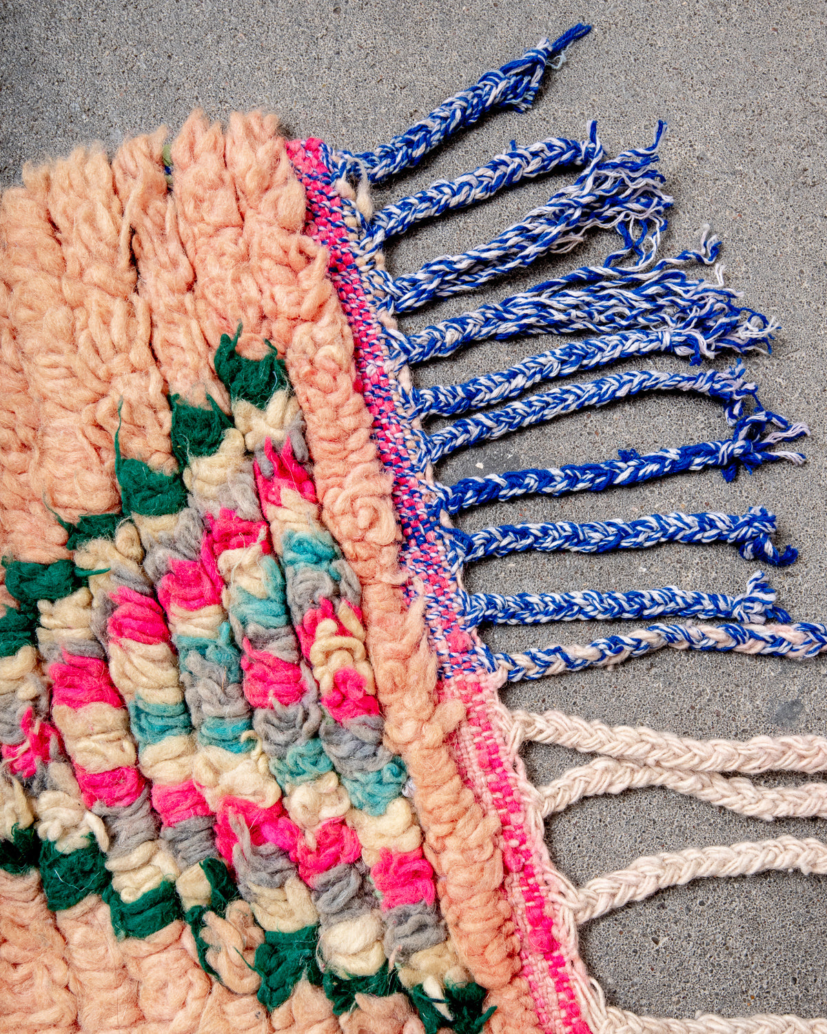 Modern, designer, handcrafted Berber rug from Morocco. Vintage carpet with beautiful colours and patterns and fluffy texture.