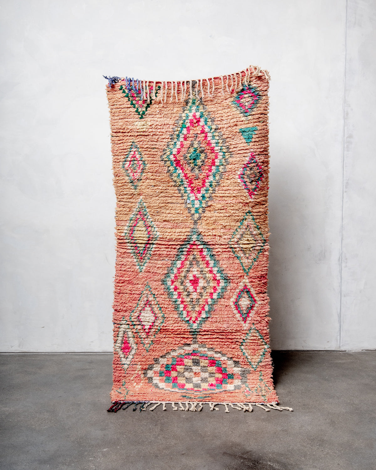 Modern, designer, handcrafted Berber rug from Morocco. Vintage carpet with beautiful colours and patterns and fluffy texture.