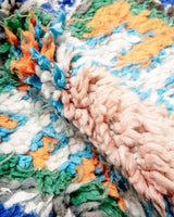 Modern, designer, handcrafted Berber rug from Morocco. Vintage carpet with beautiful colours and patterns and fluffy texture.