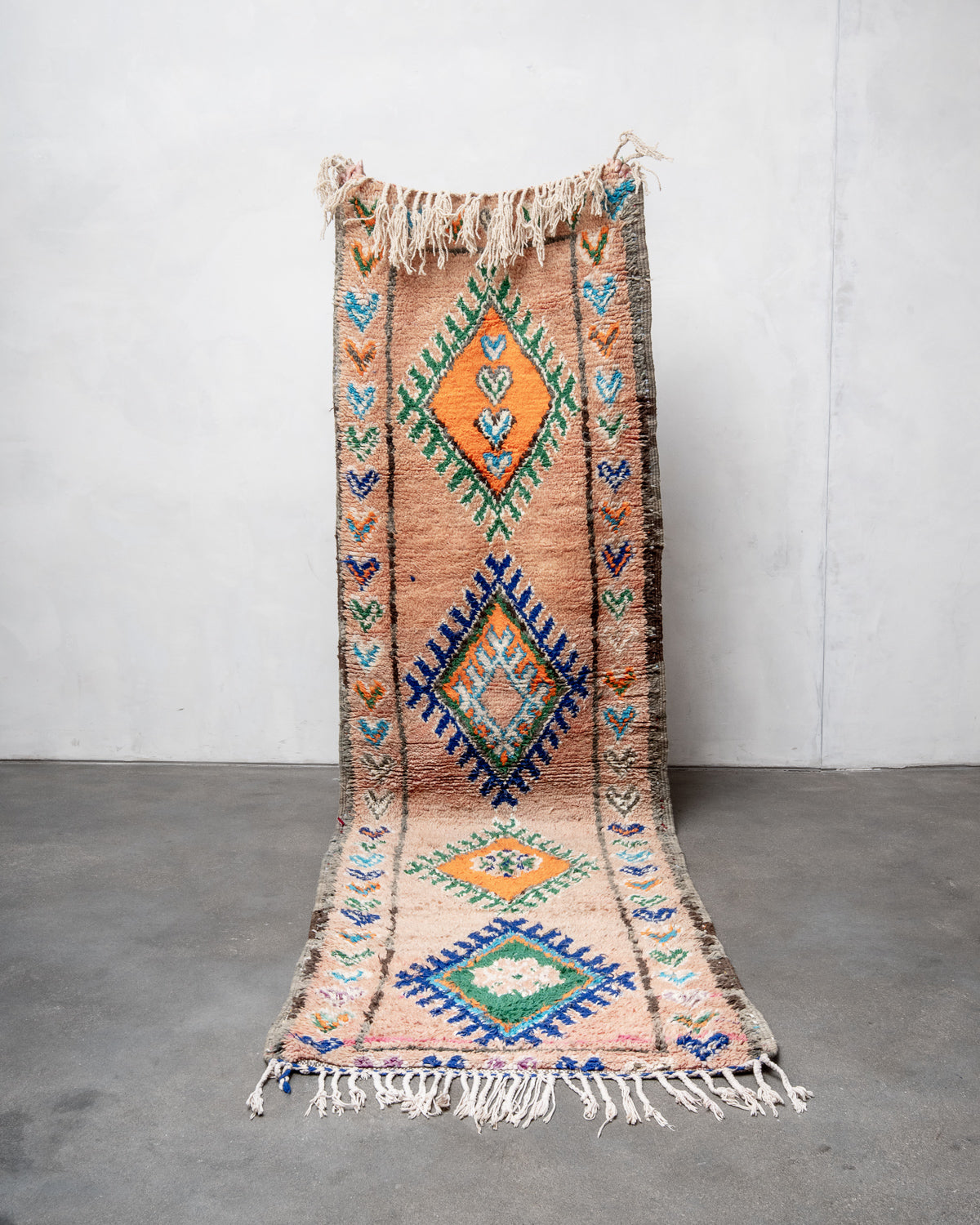 Modern, designer, handcrafted Berber rug from Morocco. Vintage carpet with beautiful colours and patterns and fluffy texture.