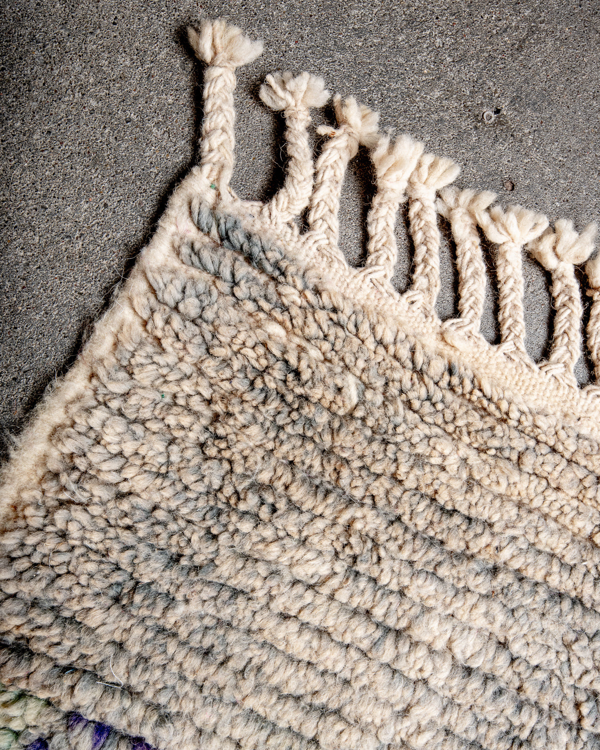 Modern, designer, handcrafted Berber rug from Morocco. Vintage carpet with beautiful colours and patterns and fluffy texture.