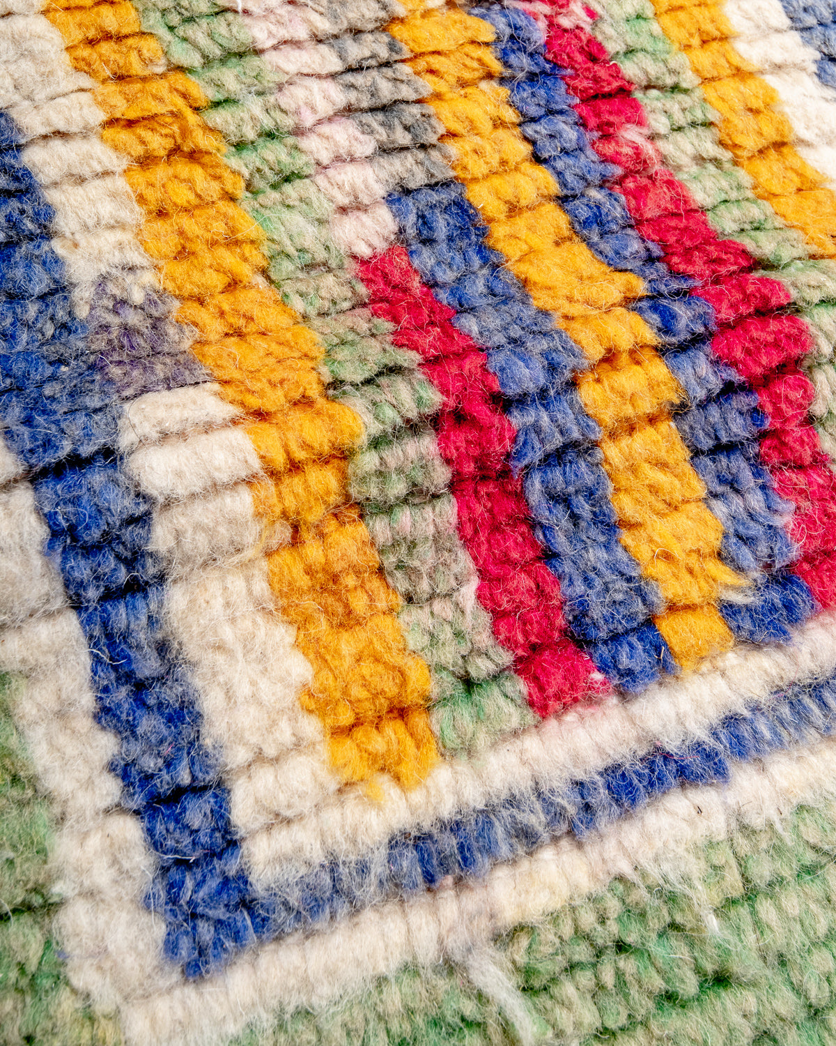 Modern, designer, handcrafted Berber rug from Morocco. Vintage carpet with beautiful colours and patterns and fluffy texture.