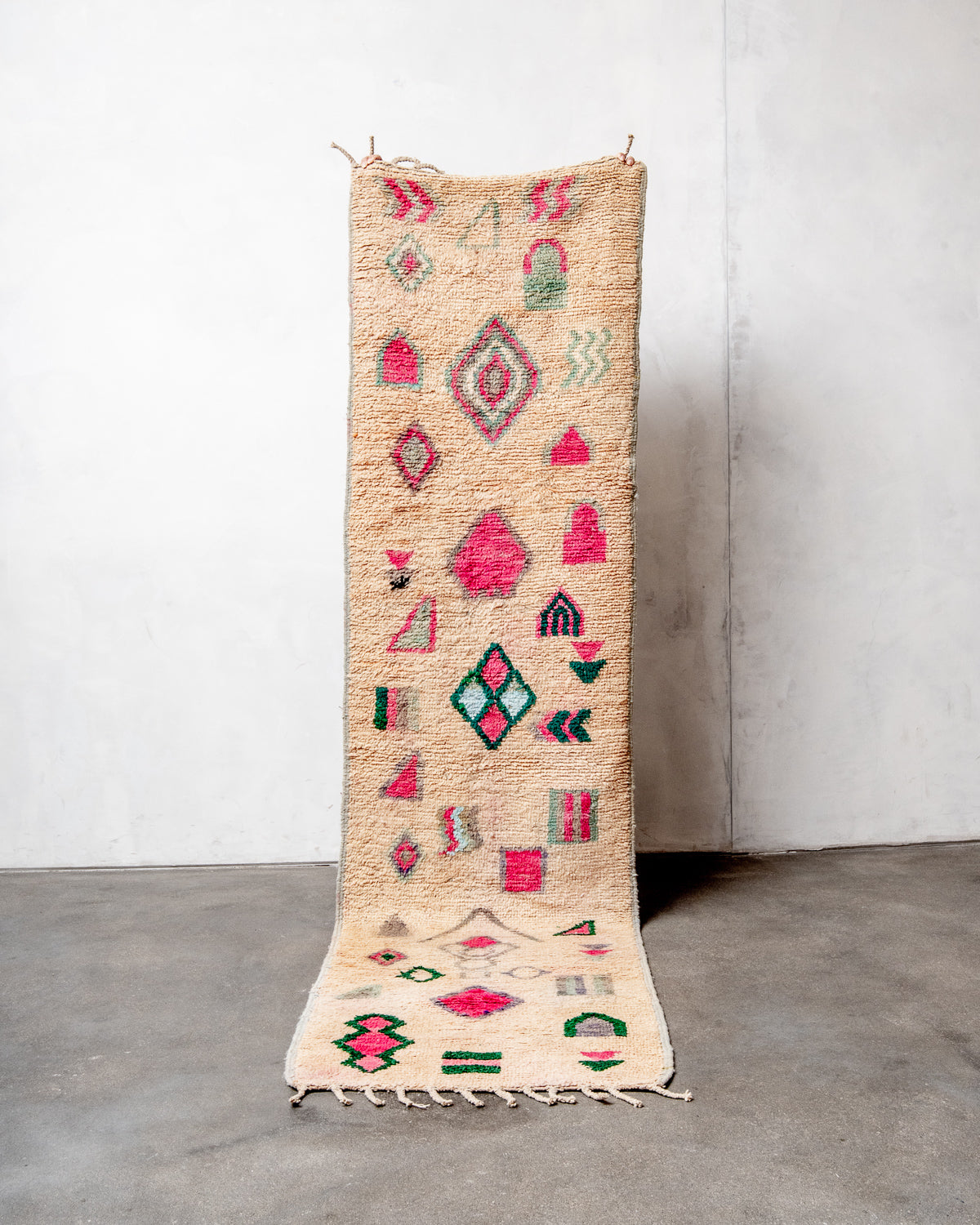 Modern, designer, handcrafted Berber rug from Morocco. Vintage carpet with beautiful colours and patterns and fluffy texture.