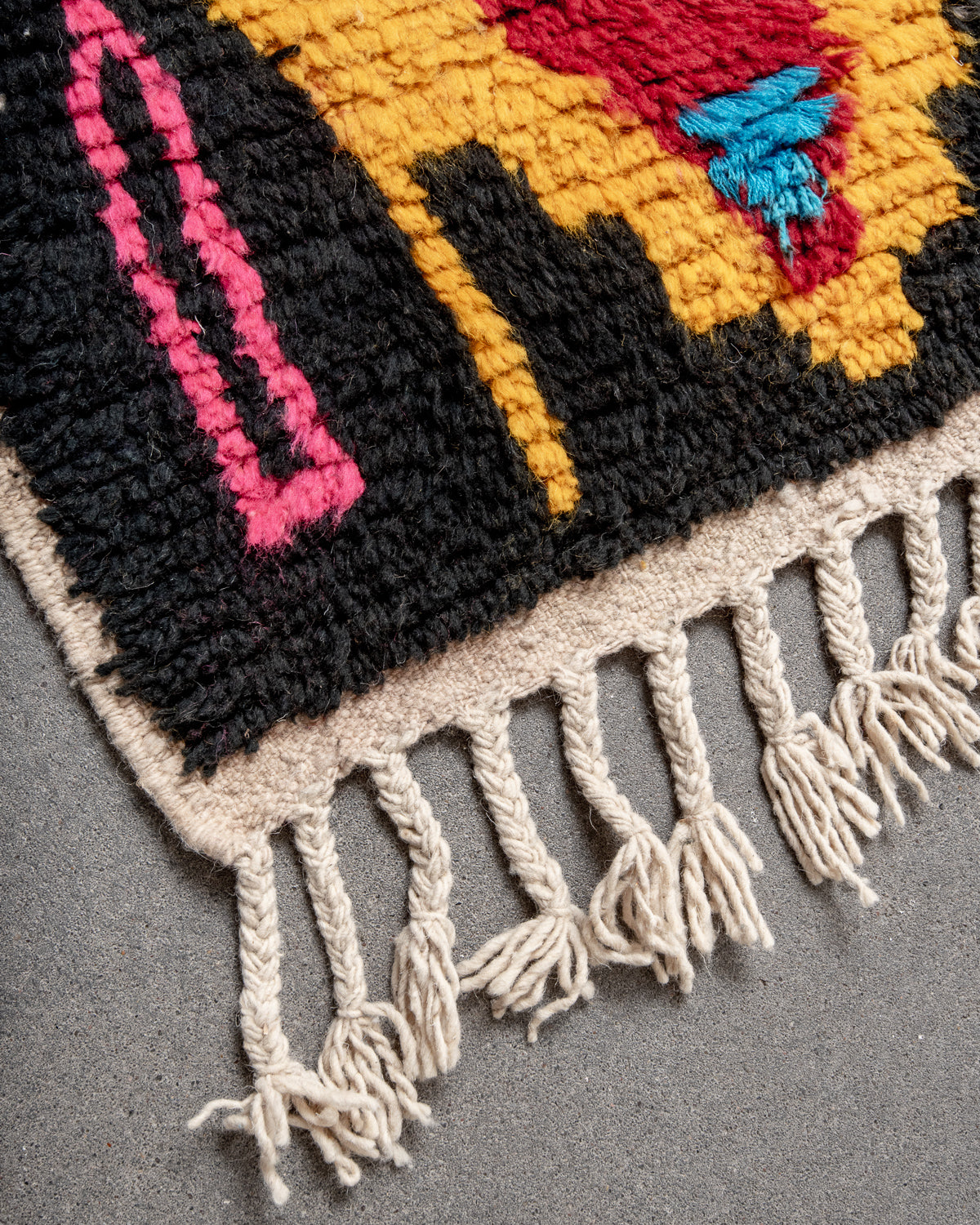 Modern, designer, handcrafted Berber rug from Morocco. Vintage carpet with beautiful colours and patterns and fluffy texture.