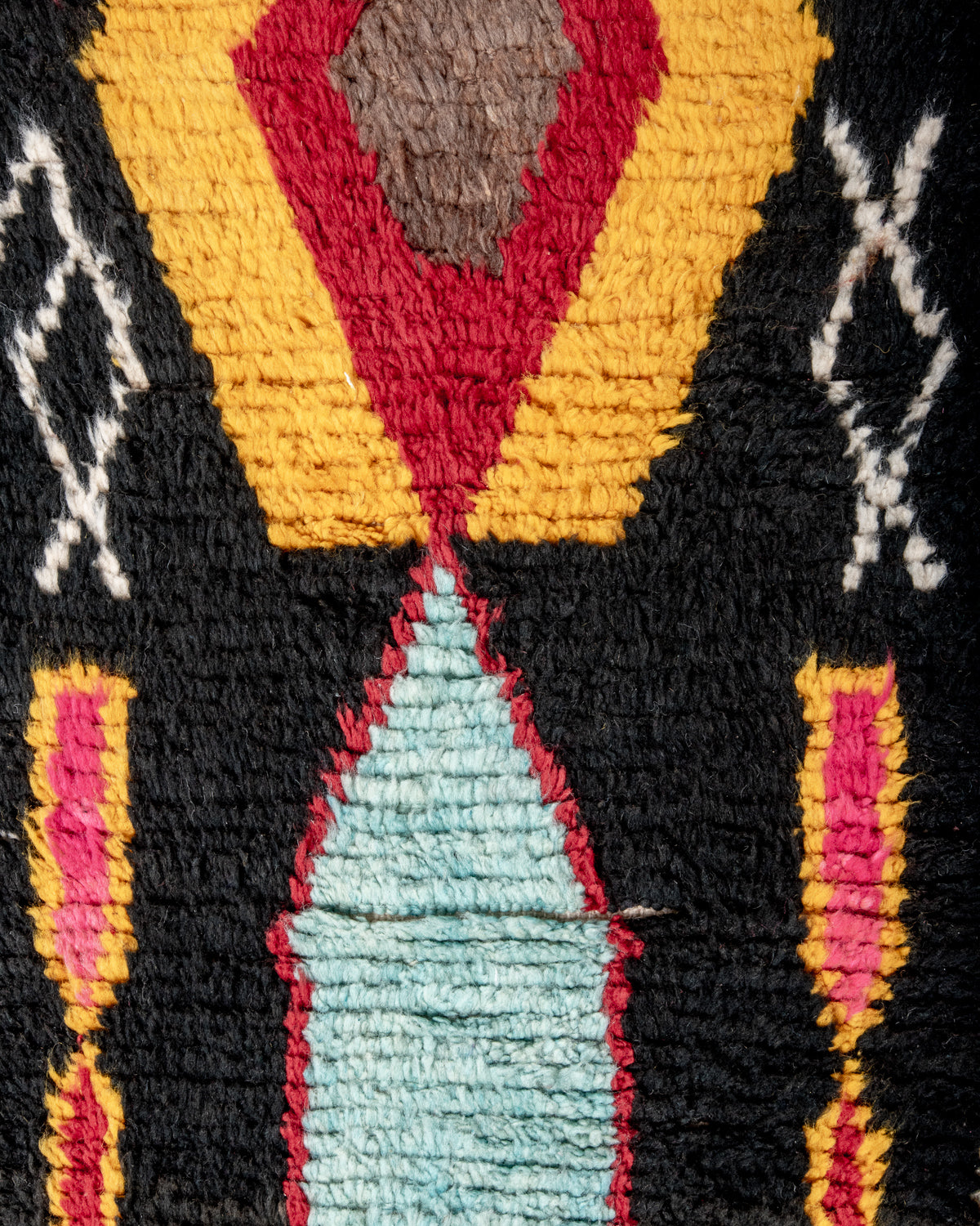 Modern, designer, handcrafted Berber rug from Morocco. Vintage carpet with beautiful colours and patterns and fluffy texture.