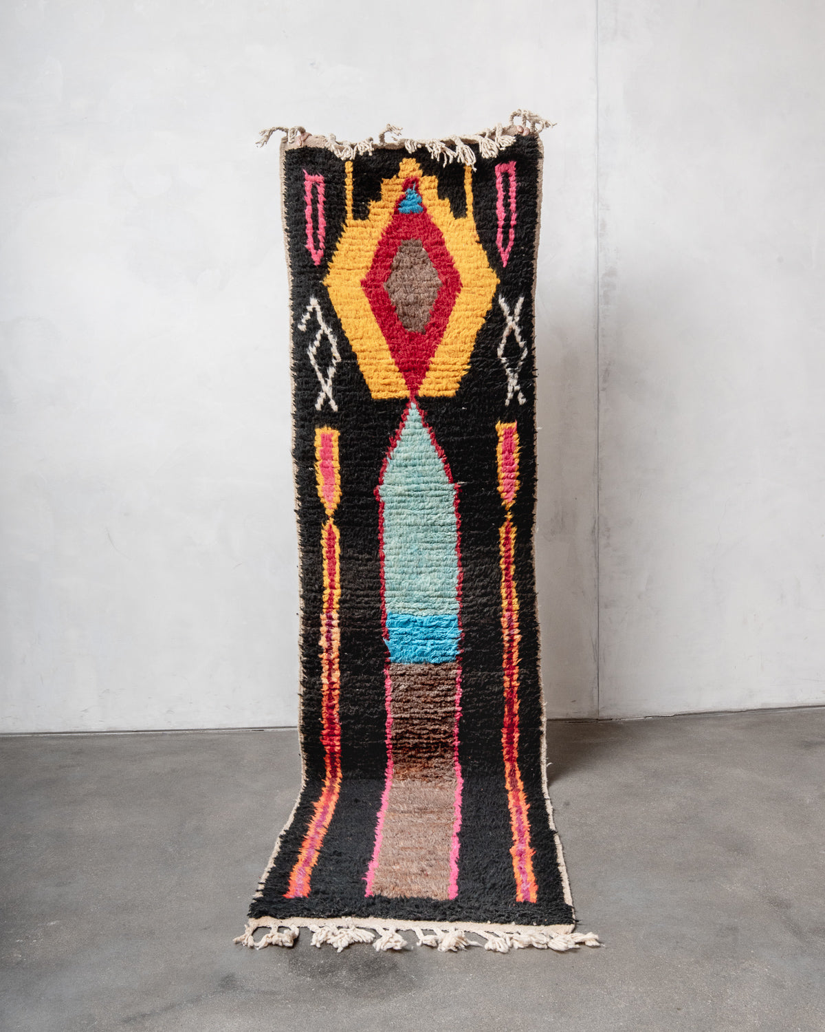 Modern, designer, handcrafted Berber rug from Morocco. Vintage carpet with beautiful colours and patterns and fluffy texture.