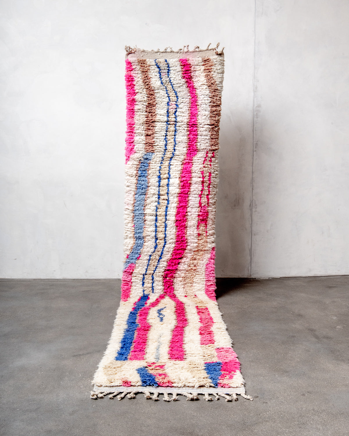 Modern, designer, handcrafted Berber rug from Morocco. Vintage carpet with beautiful colours and patterns and fluffy texture.