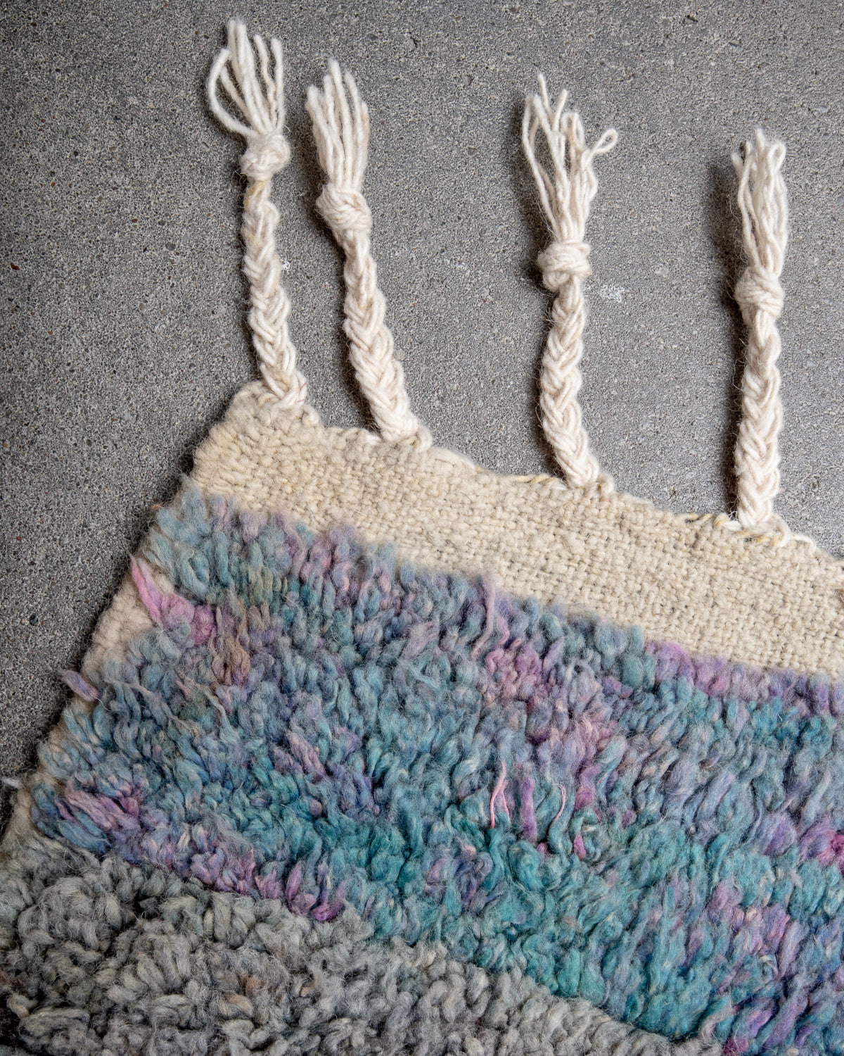 Modern, designer, handcrafted Berber rug from Morocco. Vintage carpet with beautiful colours and patterns and fluffy texture.