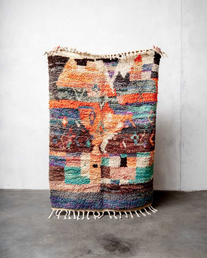 Modern, designer, handcrafted Berber rug from Morocco. Vintage carpet with beautiful colours and patterns and fluffy texture.