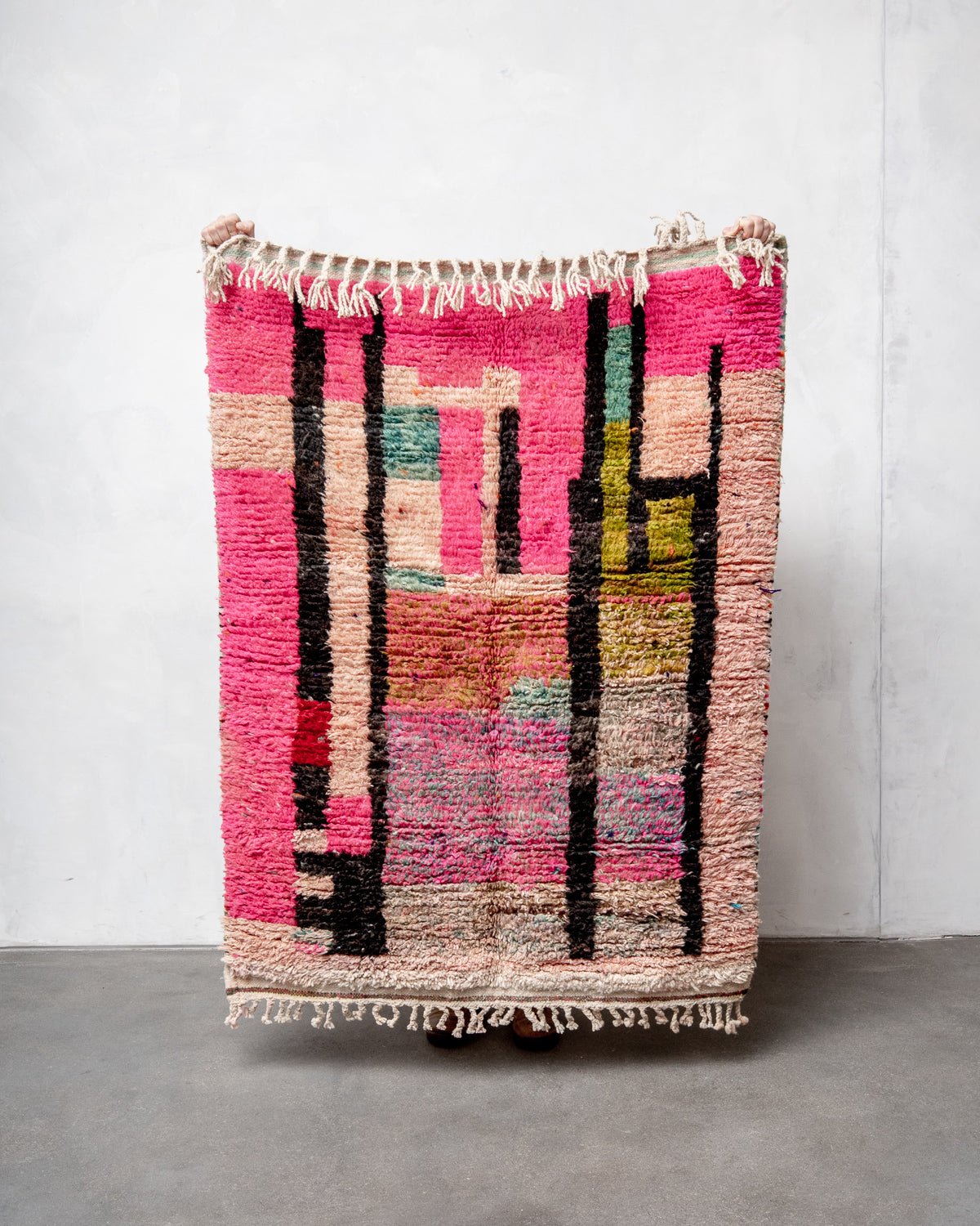 Modern, designer, handcrafted Berber rug from Morocco. Vintage carpet with beautiful colours and patterns and fluffy texture.
