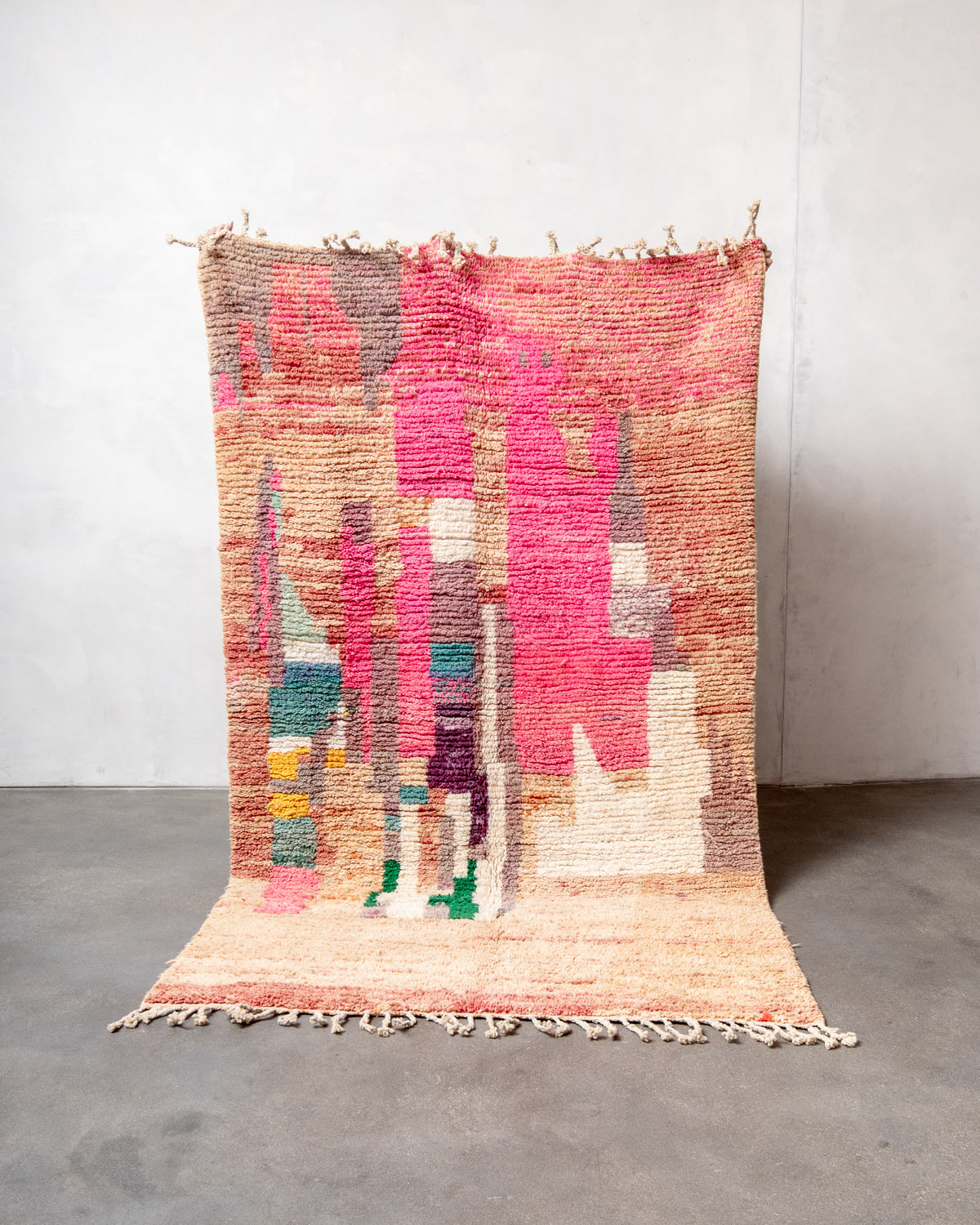 Modern, designer, handcrafted Berber rug from Morocco. Vintage carpet with beautiful colours and patterns and fluffy texture.