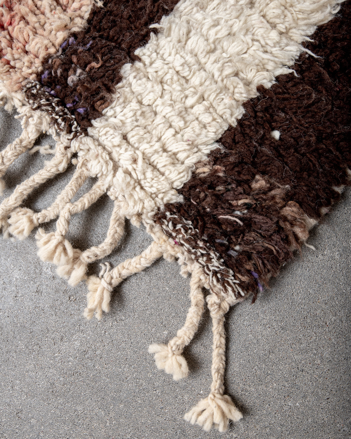 Modern, designer, handcrafted Berber rug from Morocco. Vintage carpet with beautiful colours and patterns and fluffy texture.